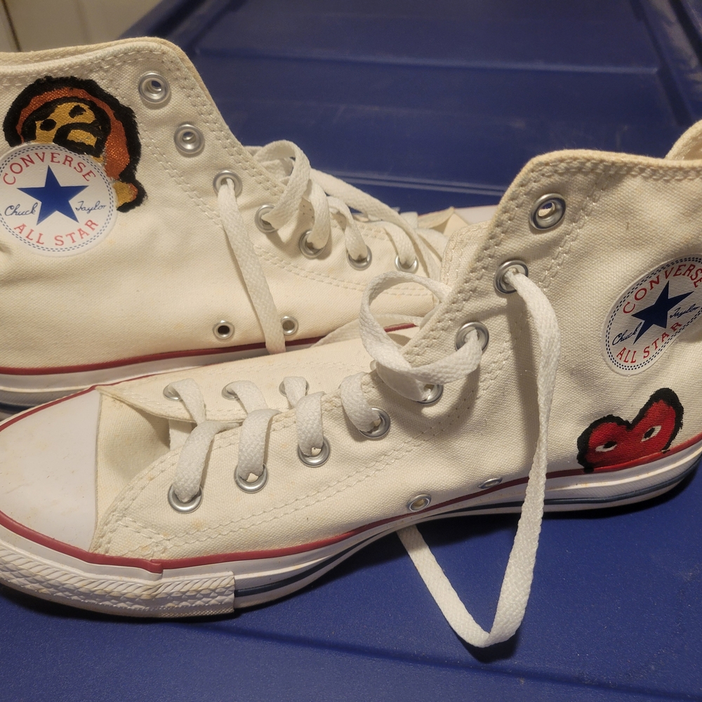 Converse White High-Top Sneakers with Red and Black Accents